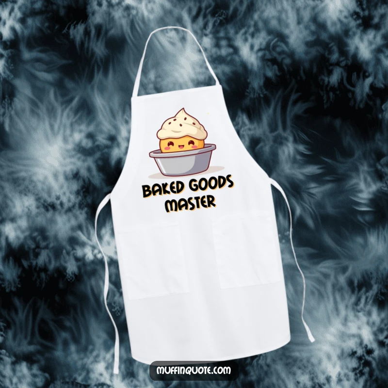 Funny bubbly muffin character apron, emerging from a baking tin, practical kitchen wear.