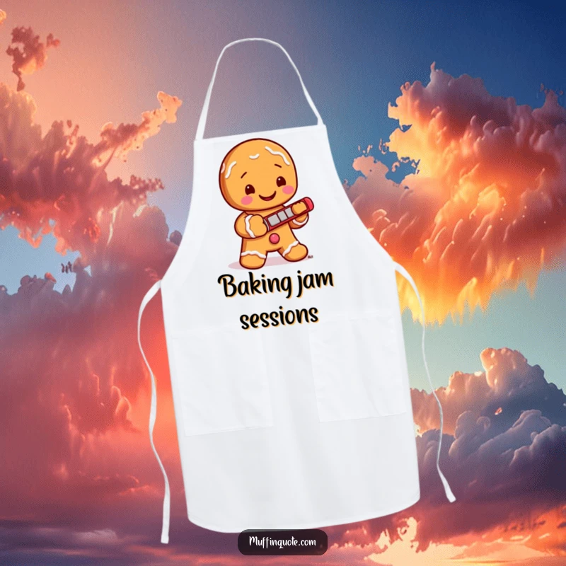 Funny Apron: A jolly gingerbread man with icing buttons enthusiastically plays a tiny harmonica while standing ready to bake, adding kitchen humor.