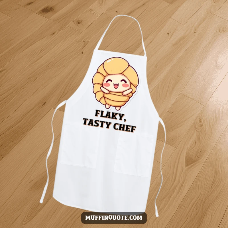 Funny Apron: A delighted croissant character happily unfurls its golden, flaky layers while baking.