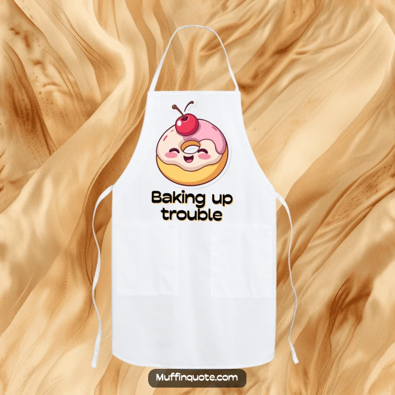 Funny apron showing a wobbly donut with a cherry on top giving a joyful wink, perfect for a baker who enjoys humorous kitchen adventures.