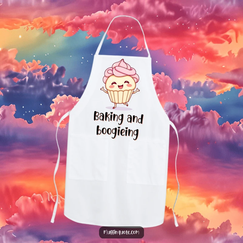 Funny apron showing a smiling cupcake with swirled frosting hair tap-dancing happily, perfect for a baker who enjoys humorous kitchen adventures.