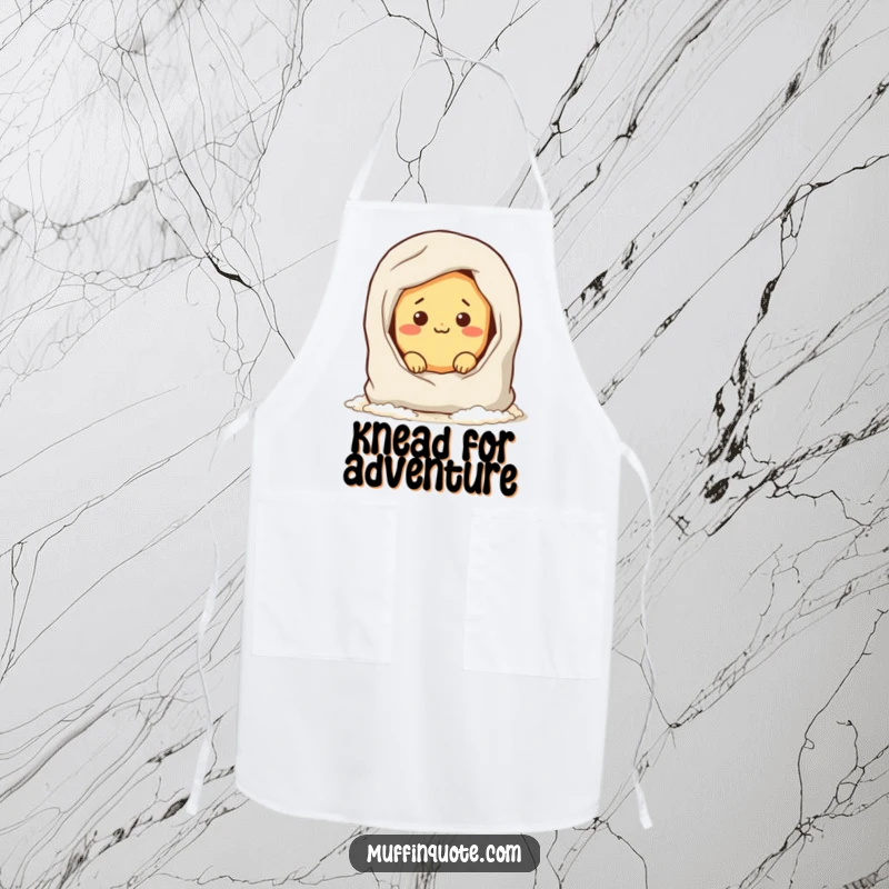 Funny apron for bakers, showing a mischievous bread roll character hiding in a flour bag, perfect for kitchen antics and culinary humor.
