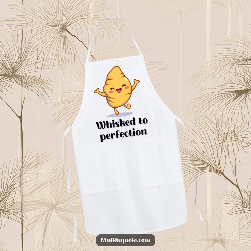 Funny croissant apron featuring a joyful character hopping, celebrating freshly baked goods with humor for chefs.