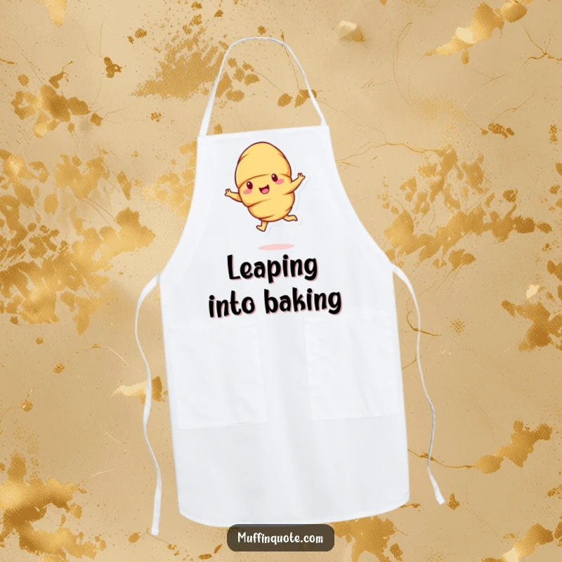 Funny cheerful croissant character doing a bouncy leap, a humorous apron for kitchen fun.