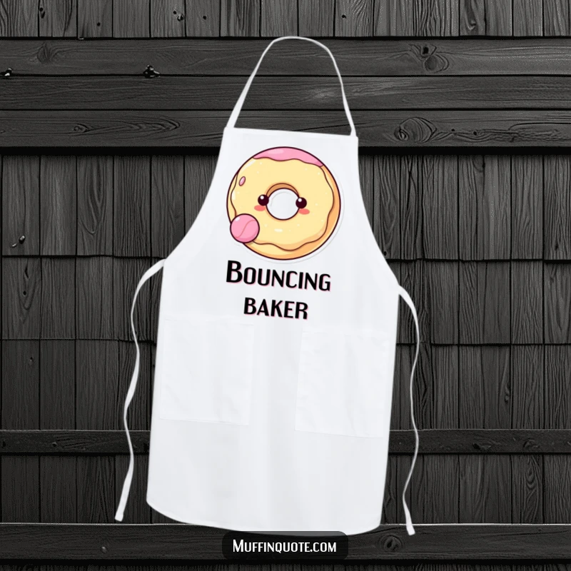 Funny, cheerful donut character happily bouncing a ball, depicted on a kitchen apron, perfect for culinary fun.