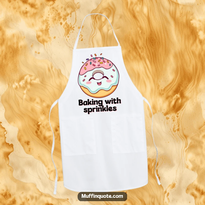 Funny donut apron depicting a giggling character surrounded by festive sprinkles, ideal for kitchen humor.
