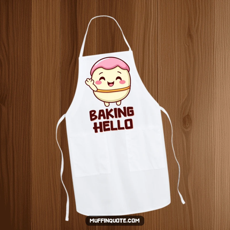 Funny, pastel macaron character shyly waving, featured on a kitchen apron, adding sweet charm to cooking.