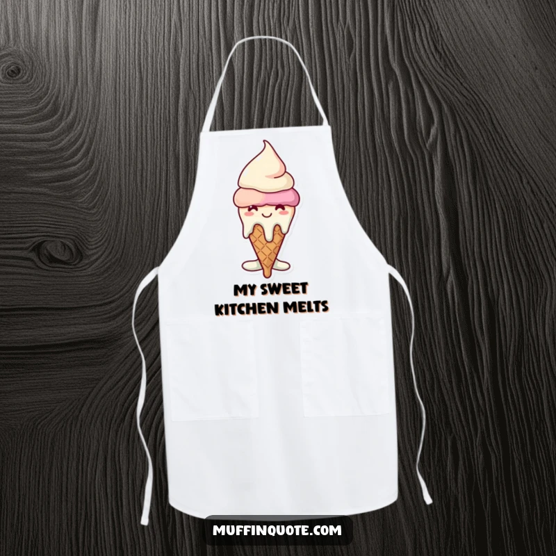 Funny melting ice cream cone apron, a cheerful character in mid-melt, ideal for protecting clothes while cooking.