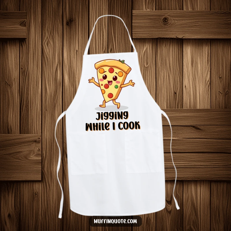 Funny pizza slice character with toppings dancing a jig, a humorous apron for kitchen entertainment.