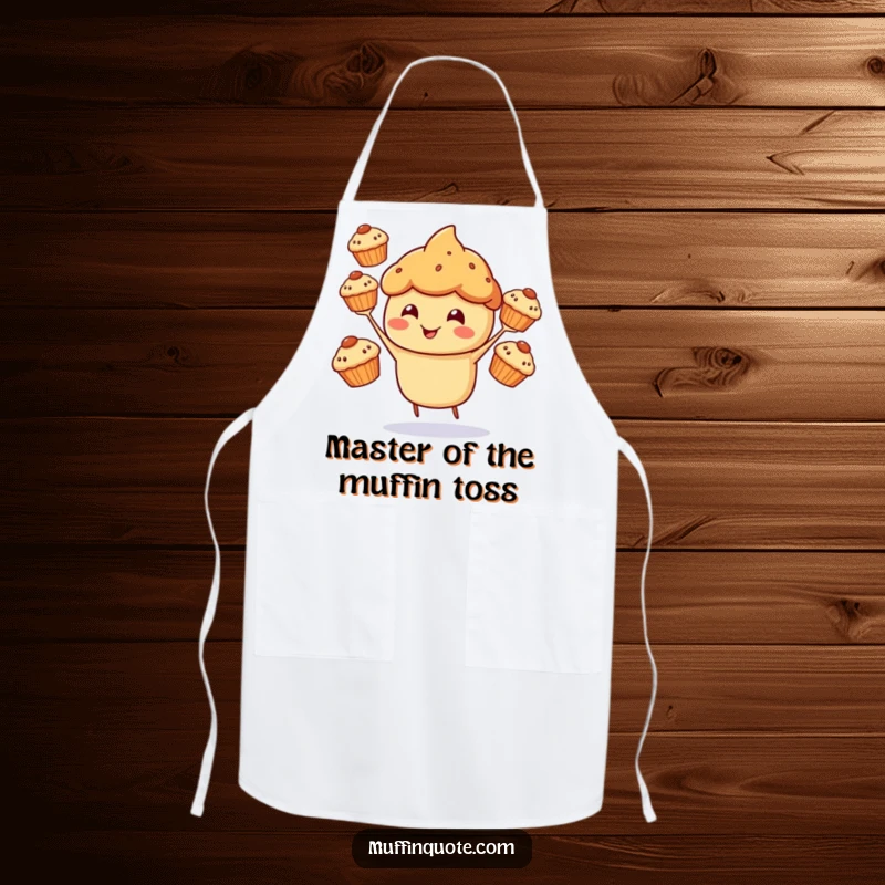 Funny Apron featuring a cheerful muffin character happily juggling three smaller muffins.