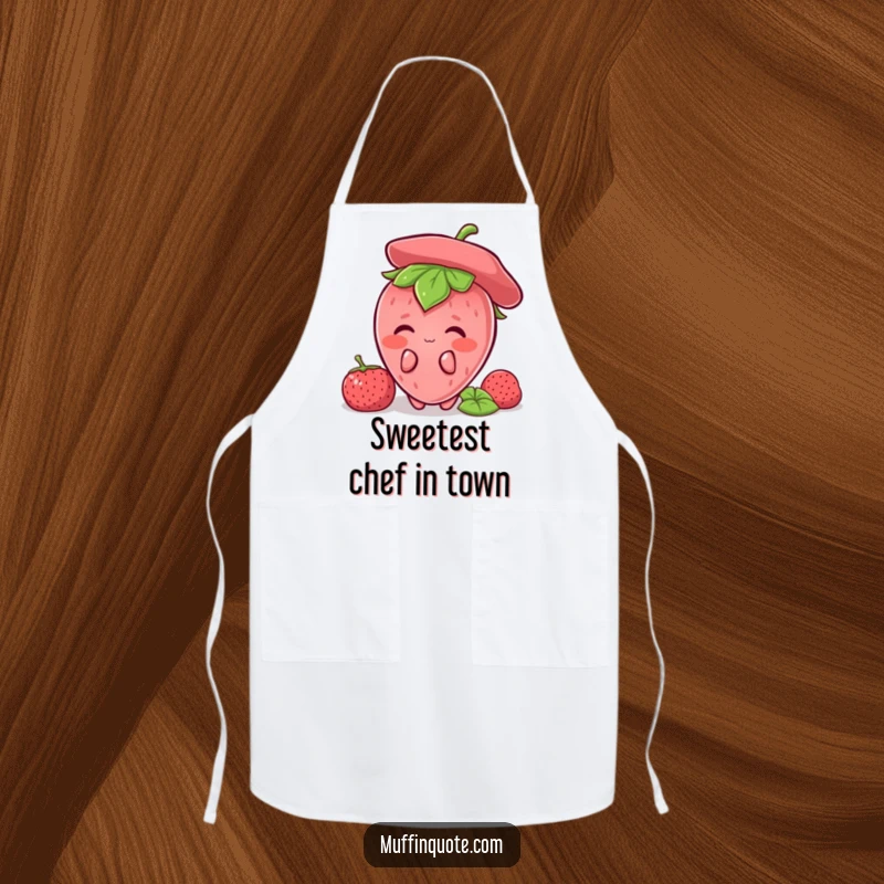 Funny Strawberry Shy Apron showing a blushing strawberry character hiding, perfect for cooks and as a humorous funny gift.