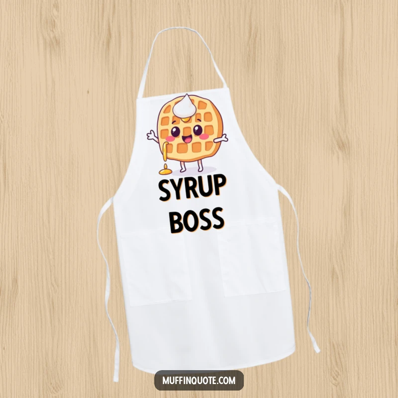 Funny, happy waffle character with syrup dripping, doing a little jig, on a kitchen apron for culinary fun.