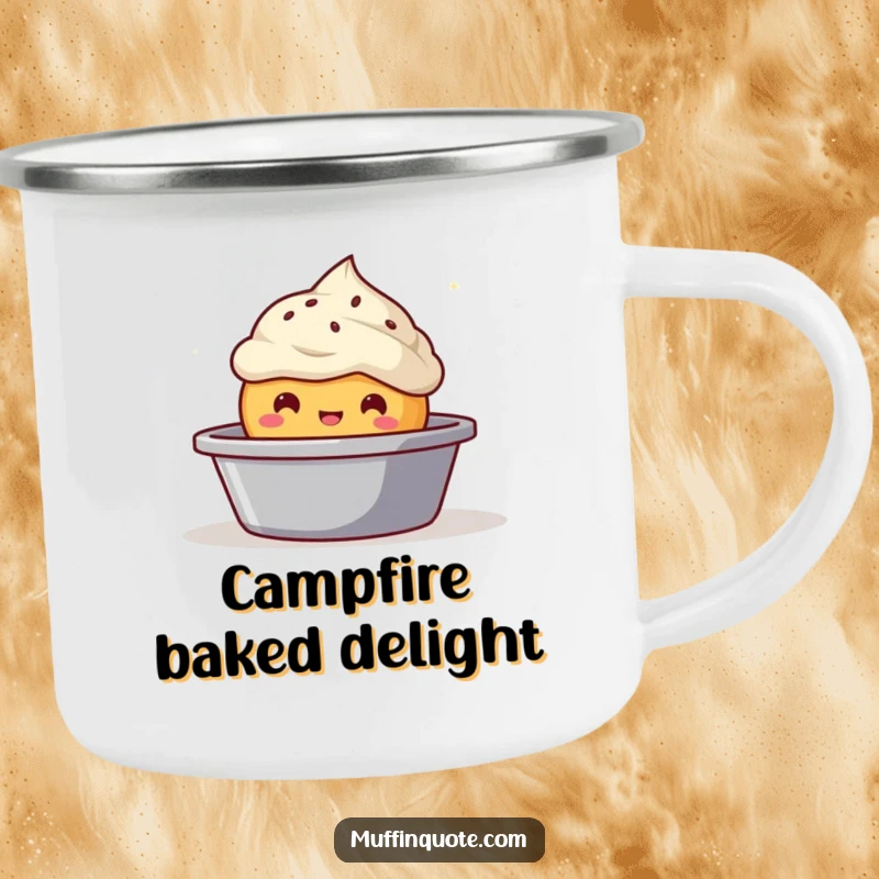 Funny bubbly muffin character enamel camping mug, popping from a baking tin, sturdy and portable.