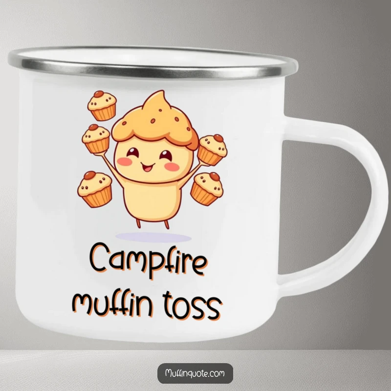 Funny Camping Mug displaying a cheerful muffin character happily juggling three smaller muffins.
