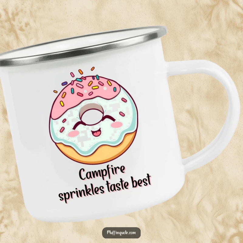 Funny donut camping mug with a giggling character and bouncing sprinkles, durable and humorous for outdoor use.