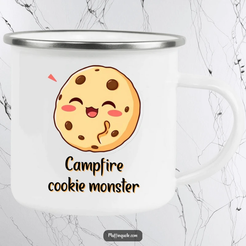 Funny Cookie Bite Camping Mug showing a laughing cookie character with a bite missing, perfect for outdoor enthusiasts and as a funny gift.