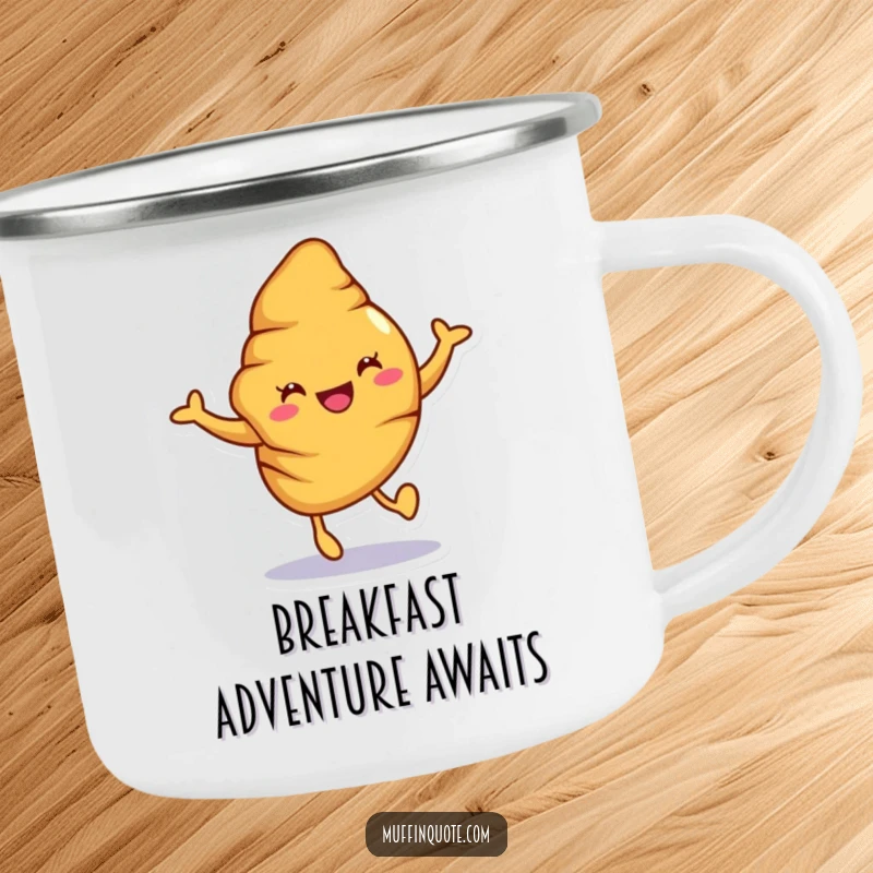 Funny croissant camping mug featuring a joyful character hopping, perfect for outdoor adventures and baked treat lovers.