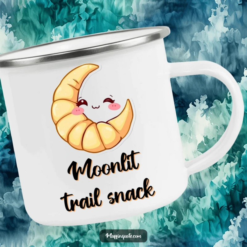 Funny Camping Mug: A croissant character shaped like a crescent moon winking cheekily, perfect for outdoor breakfast moments.