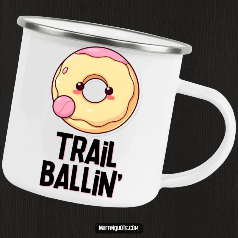 Funny, cheerful donut character bouncing a ball, printed on a durable camping mug for outdoor enjoyment and humor.