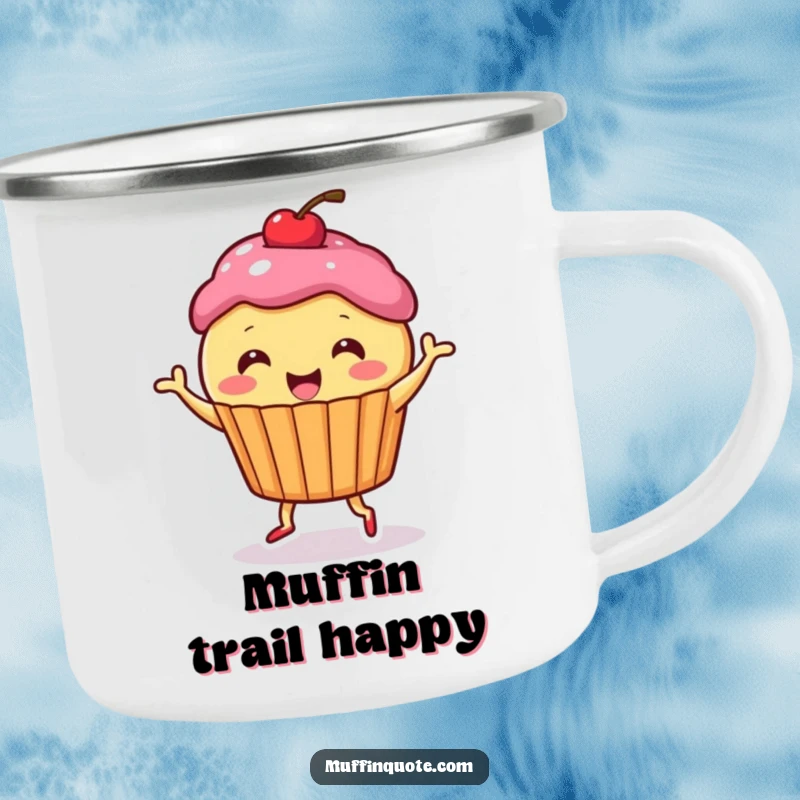 Funny Camping Mug: Cute muffin character dancing happily, perfect for outdoor adventures and as a funny gift.