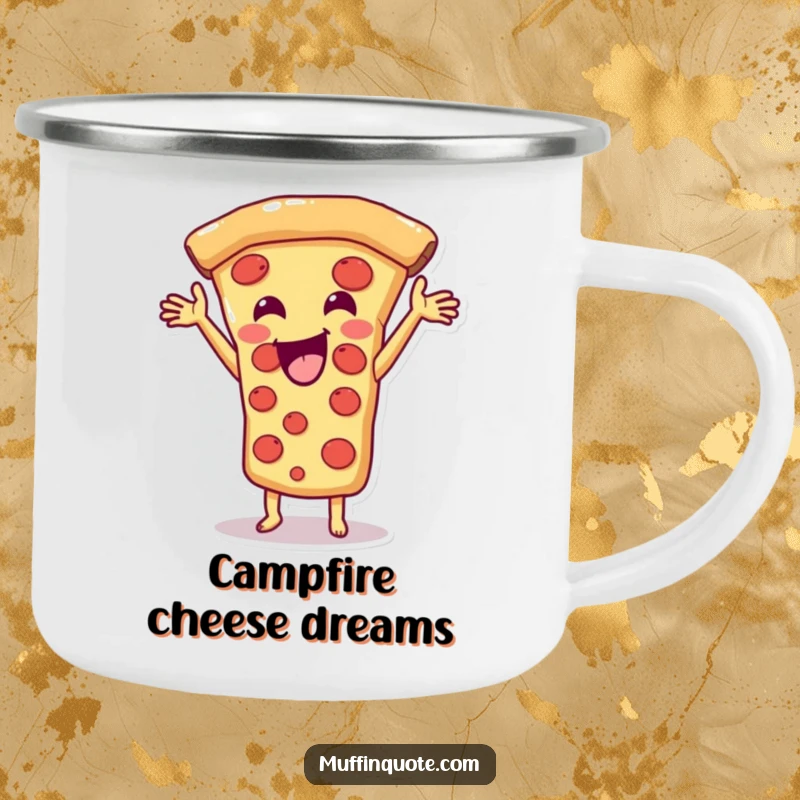 Funny Pizza Slice Camping Mug showing a happy character stretching cheese, perfect for outdoor enthusiasts and as a funny gift.