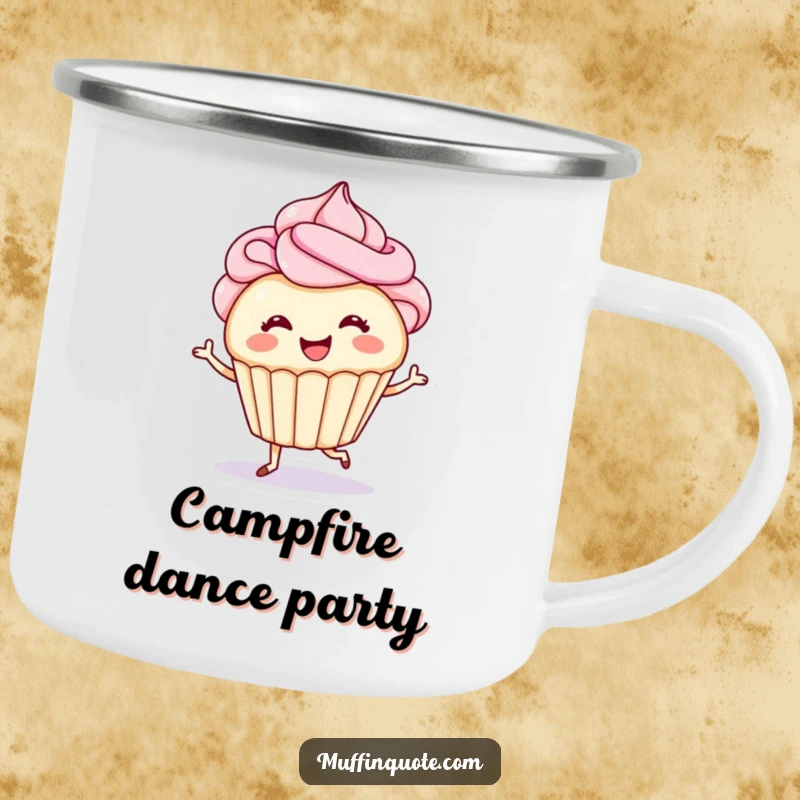 Funny camping mug with a smiling cupcake whose frosting hair swirls as it happily tap-dances, perfect for outdoor enjoyment and sweet cheer.