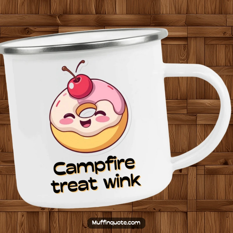Funny camping mug with a wobbly donut, adorned with a cherry, giving a joyful wink, perfect for outdoor enjoyment and sweet cheer.