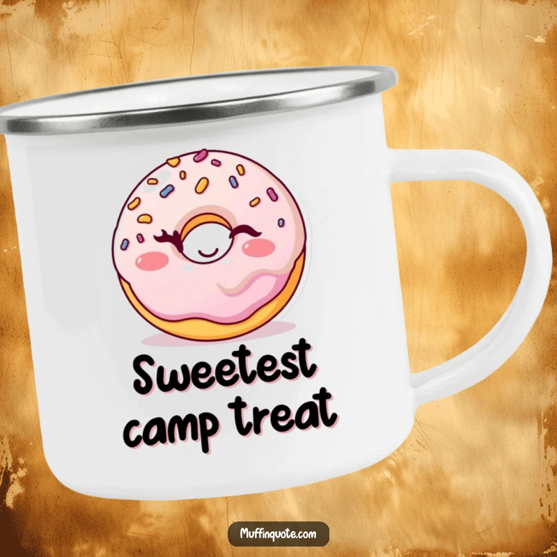 Funny donut camping mug with a cheerful sprinkles character winking playfully, perfect for outdoor adventures and warm beverages.