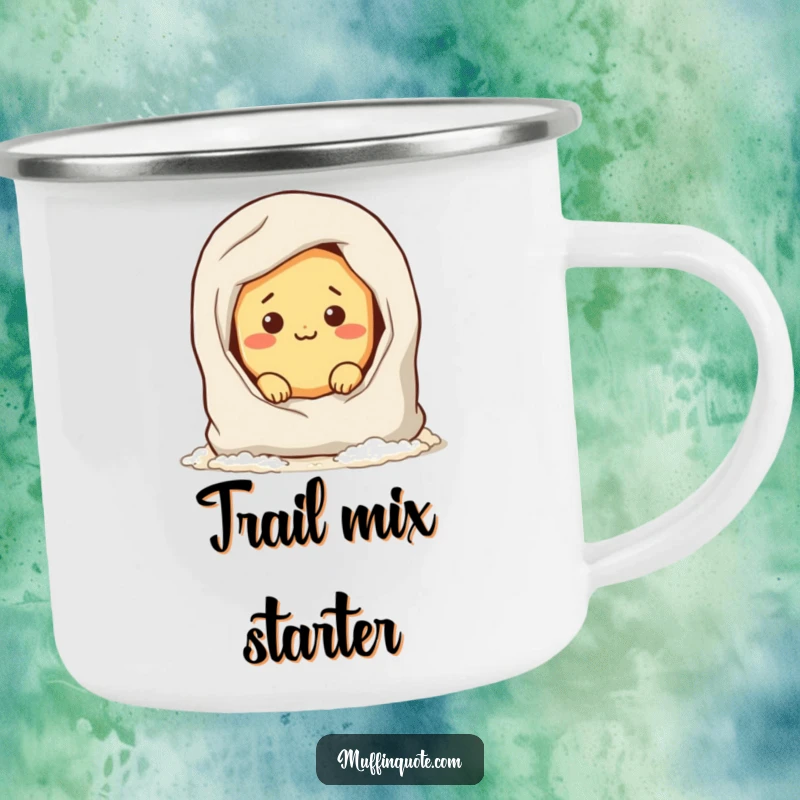 Funny camping mug featuring a mischievous bread roll character hiding in a flour bag, perfect for outdoor enthusiasts who love a laugh.