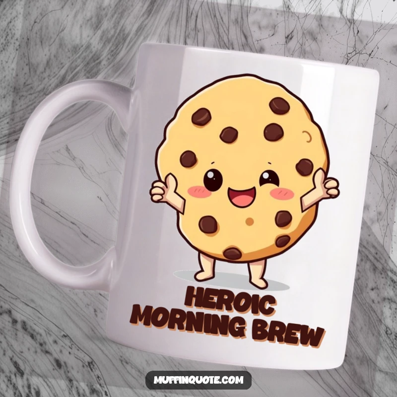 Funny Mug: A giggling chocolate chip cookie character striking a heroic pose, radiating playful bravery and sweetness.