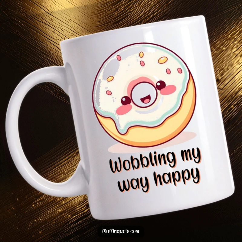 Funny Mug: A wobbly jelly donut character happily wobbles, radiating pure joy and sweetness.