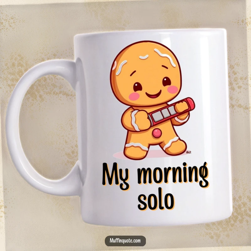 Funny Mug: A jolly gingerbread man with icing buttons enthusiastically plays a tiny harmonica, bringing musical cheer and a smile.