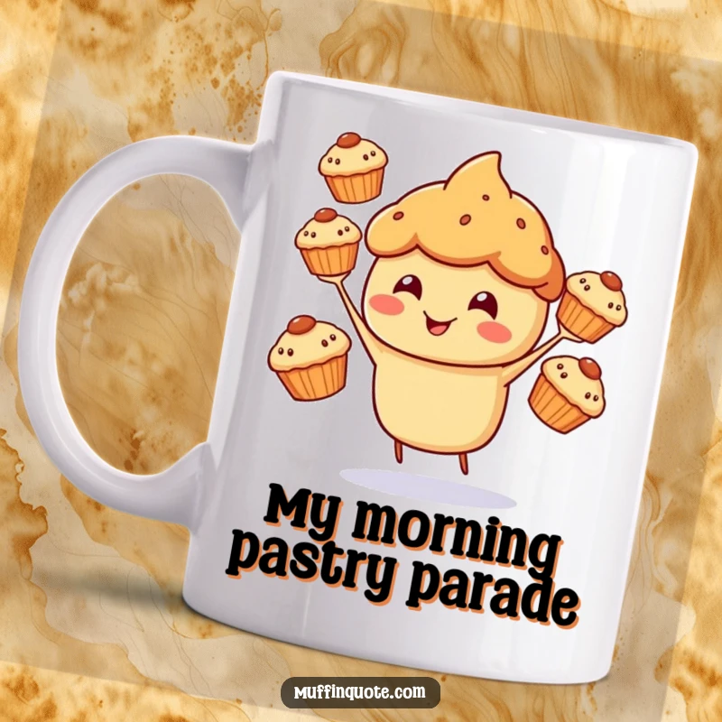 Funny Mug of a cheerful muffin character happily juggling three smaller muffins with a big smile.
