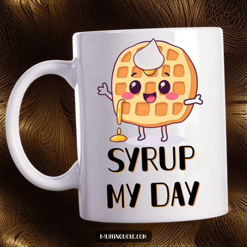 Funny, happy waffle character with syrup dripping, joyfully doing a little jig on this fun mug.