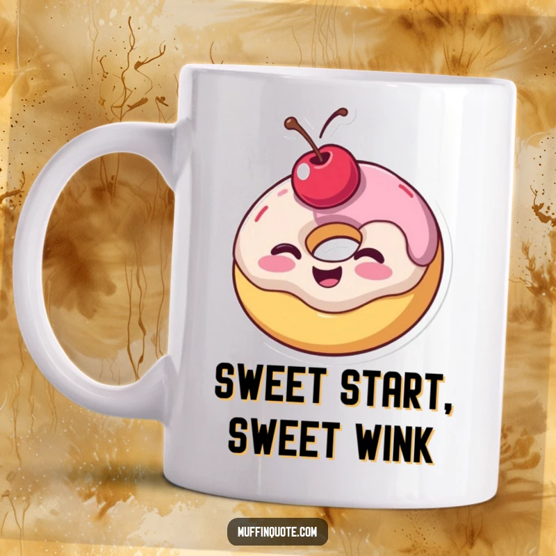 Funny wobbly donut mug with a cherry on top, giving a joyful wink, symbolizing sweet charm and lighthearted fun for a perfect gift.