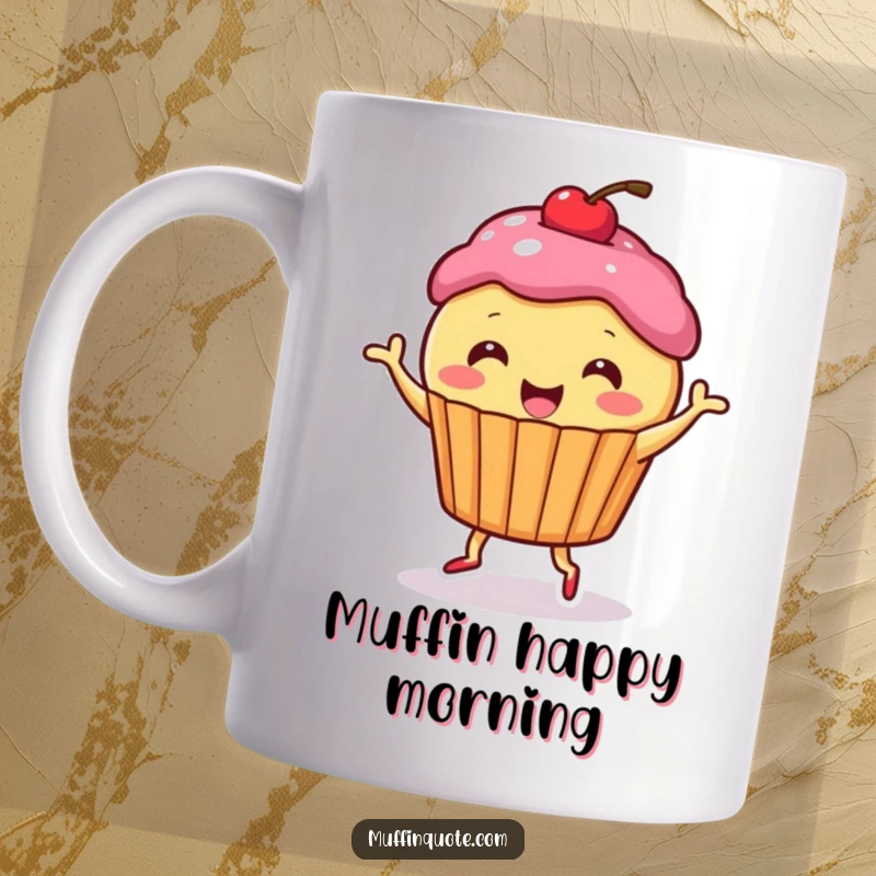Funny Mug: Cute muffin character with a cherry on top, joyfully doing a happy dance, perfect for bakers and as a funny gift.