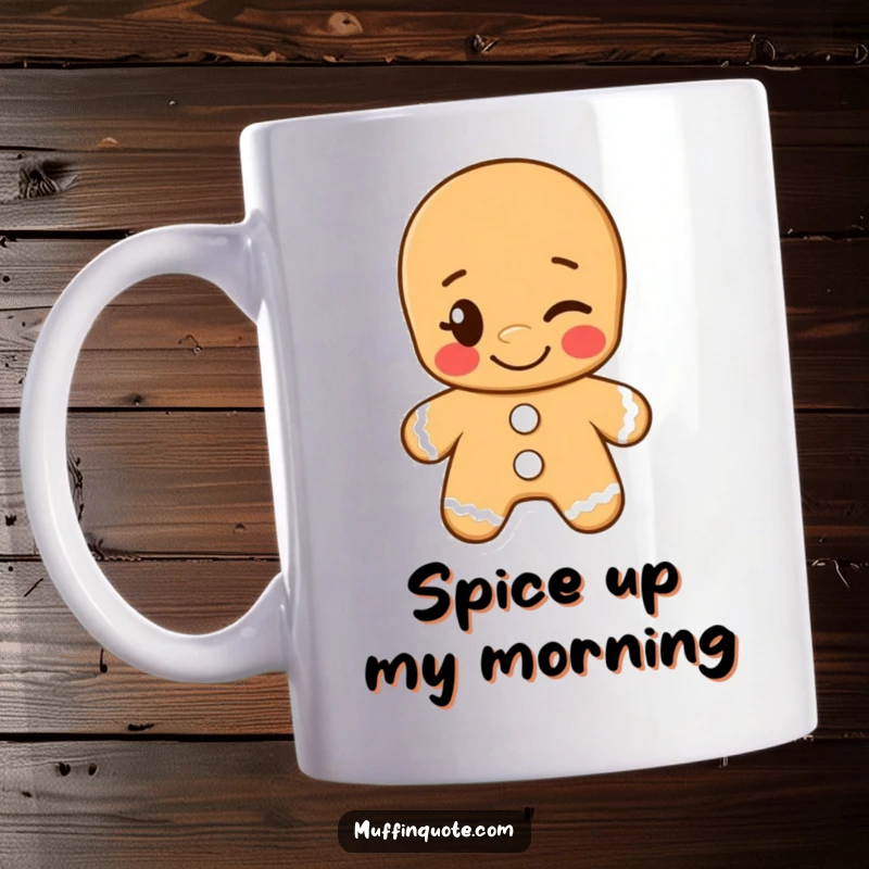 Funny mug featuring a grinning gingerbread man winking playfully, embodying sweet mischief and holiday cheer year-round.