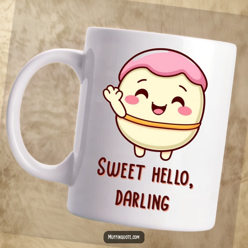 Funny, delighted macaron character in a pastel hue, offering a shy wave, printed on a charming mug.