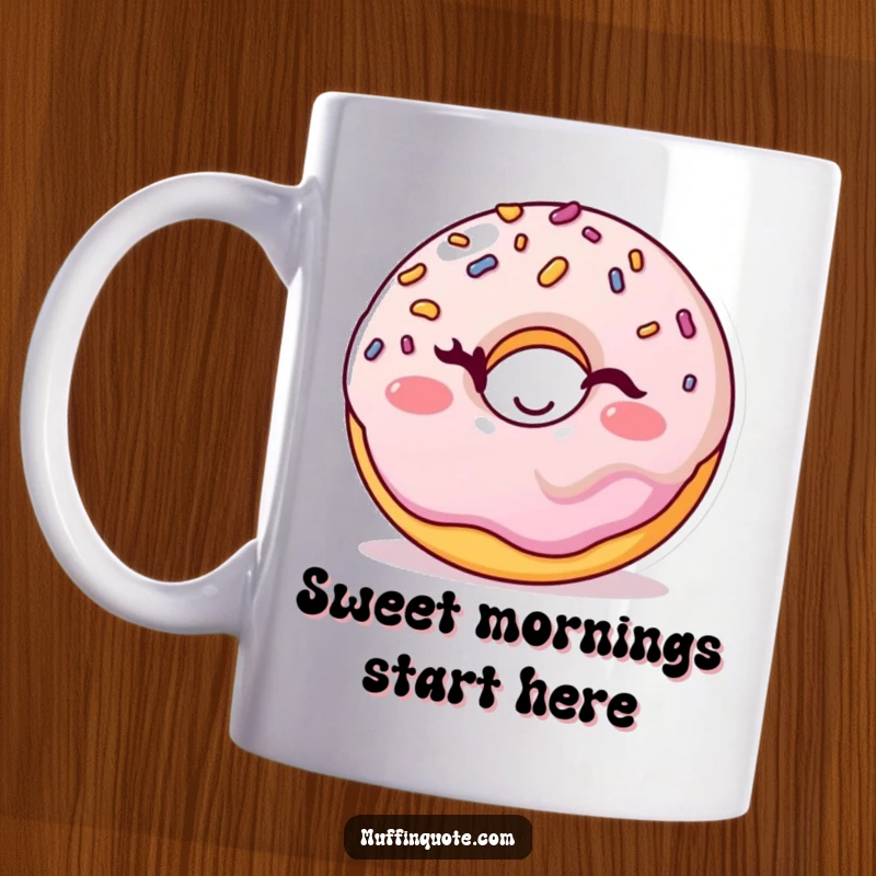 Funny donut mug with sprinkles winking playfully, a cheerful and sweet character ready to brighten your day.