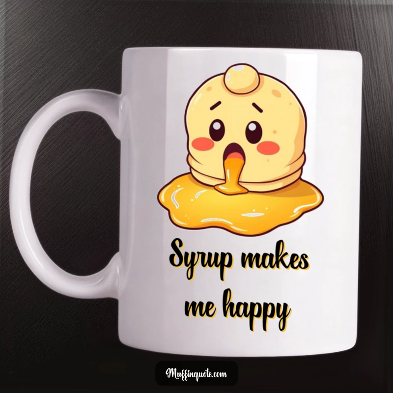 Funny pancake mug featuring a surprised character looking at syrup with glee, celebrating breakfast joyously.