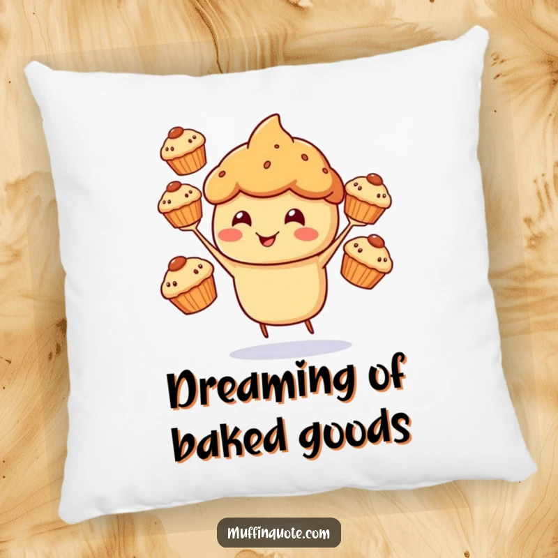 Funny Pillow showing a cheerful muffin character happily juggling three smaller muffins.