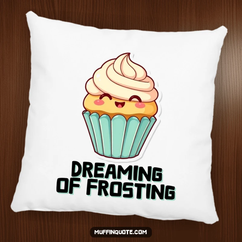 Funny Pillow: Smiling cupcake character wiggling its frosting, offering cozy comfort and a sweet, humorous aesthetic.