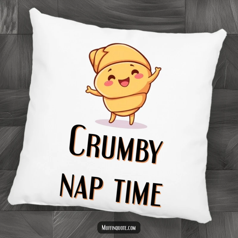 Funny croissant pillow with a cheerful dancing pastry, emphasizing soft texture and buttery layers for a humorous touch.