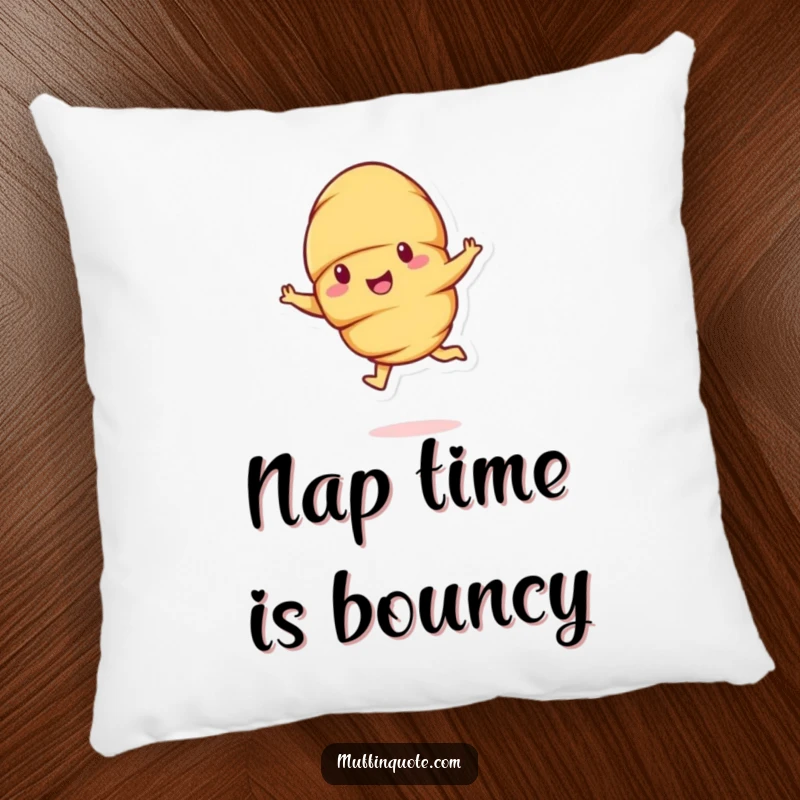 Funny cheerful croissant character doing a bouncy leap, a soft and humorous throw pillow.