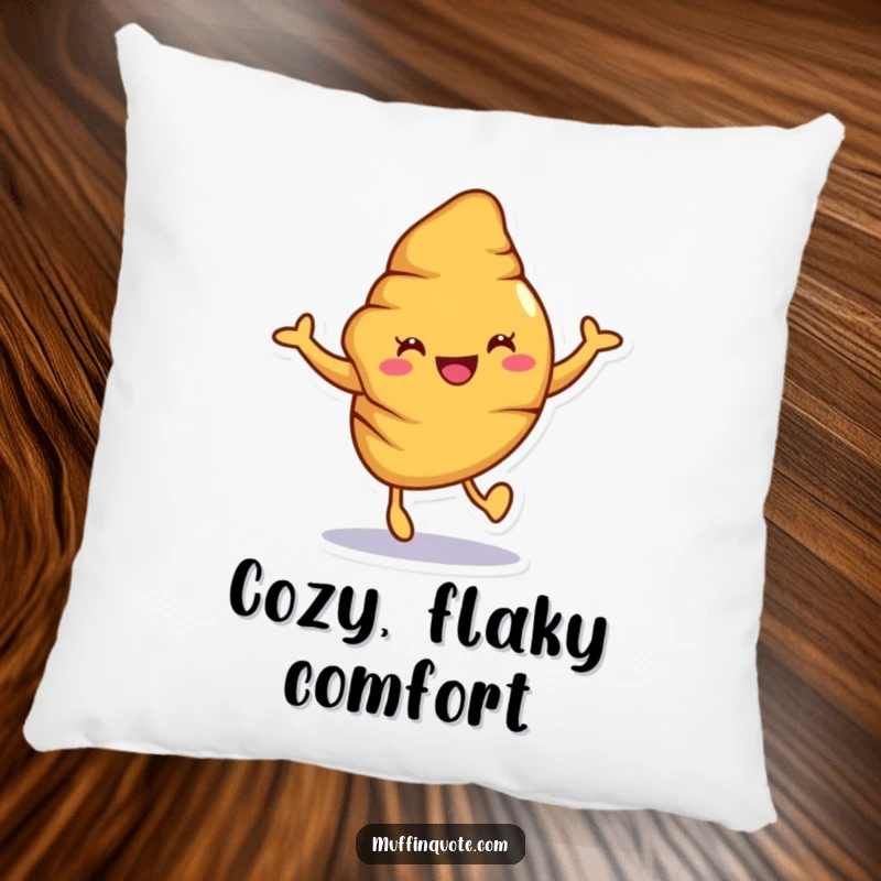 Funny croissant pillow depicting a joyful character hopping, offering soft comfort and baked-themed humor for relaxation.