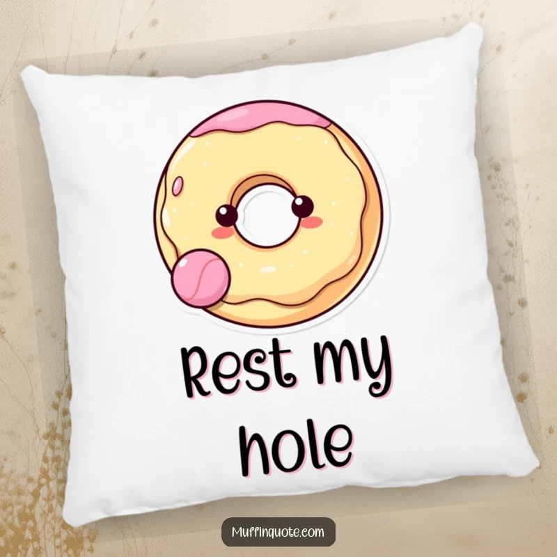Funny, cheerful donut character with a hole, bouncing a ball, creating a soft and humorous accent pillow.