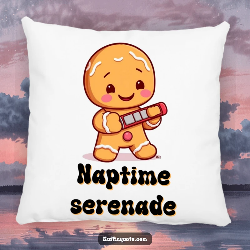 Funny Pillow: A jolly gingerbread man with icing buttons sits comfortably, playing a tiny harmonica and radiating a sweet, musical vibe.