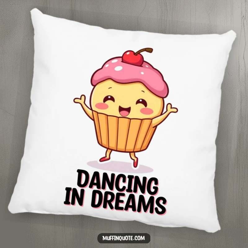 Funny Pillow: Cute muffin character dancing happily, offering cozy comfort and a sweet, humorous aesthetic.