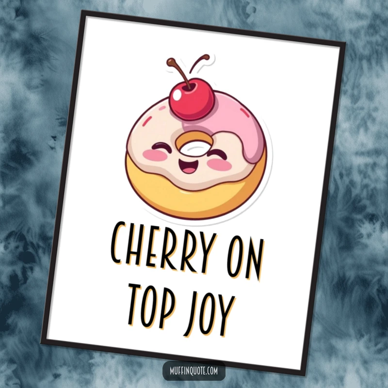 Funny digital art print of a wobbly donut with a cherry on top giving a joyful wink, perfect for instant humorous wall decor.