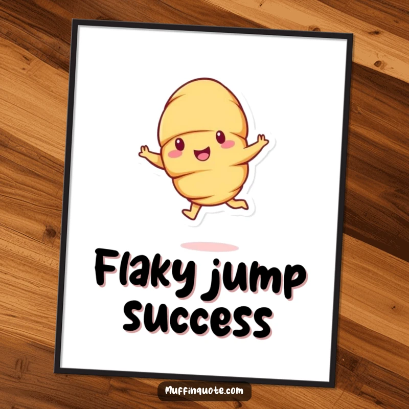 Funny cheerful croissant character doing a bouncy leap, a vibrant and humorous digital art print.